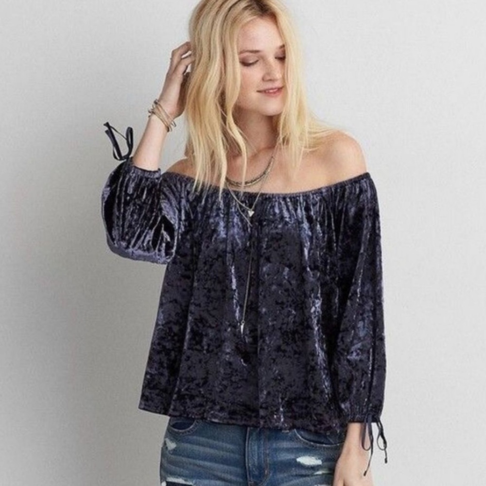 🟤American Eagle 🦅 Blue Velvety Blouse - Picture 1 of 4